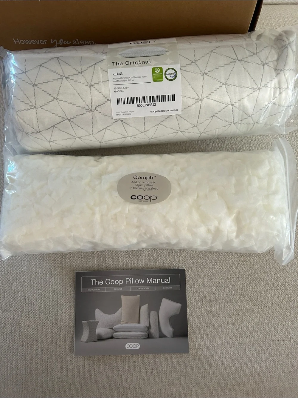 COOP Sleep Original Adjustable Pillow, King Size, NWT